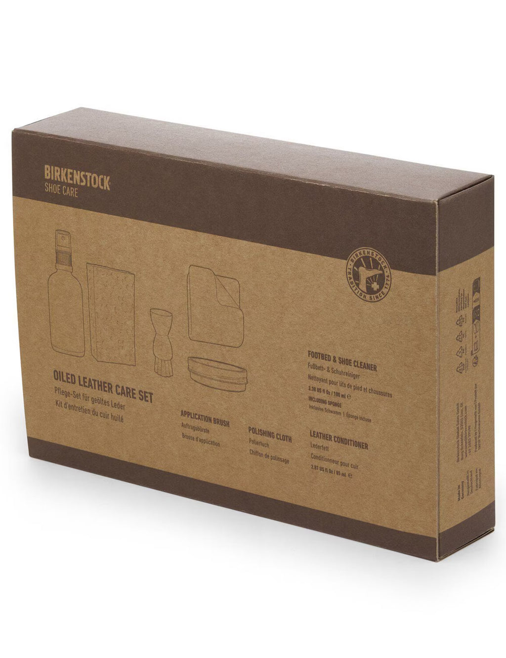 Birkenstock oiled leather care set box, closed, with embossed graphics and seal