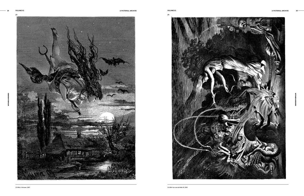 Open book spread with two black-and-white engravings featuring dark creatures in stormy scenes