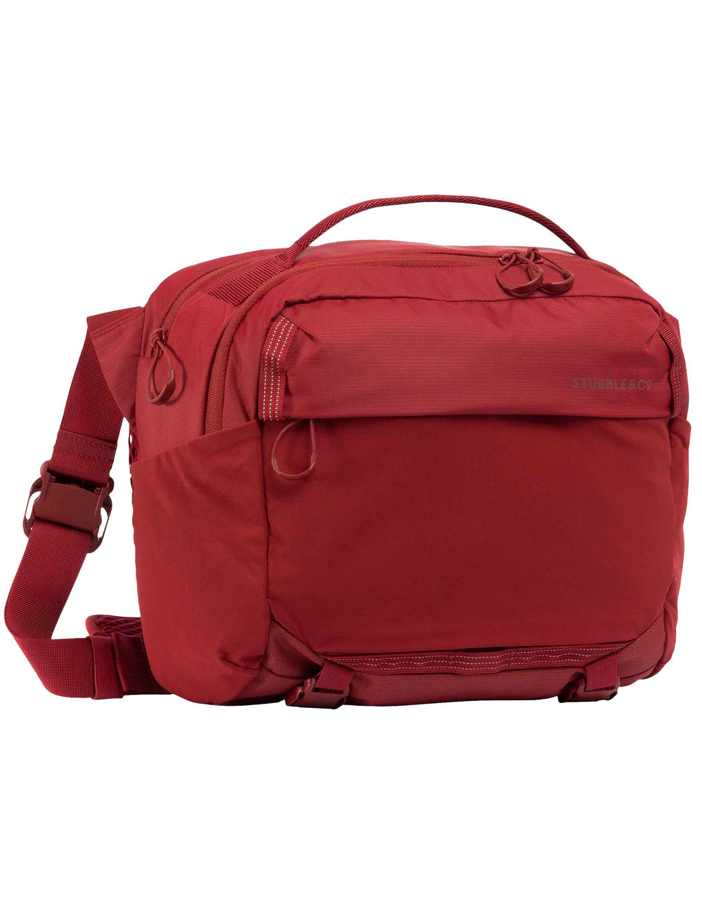 Red 15L sling bag with top handle and front zip compartments