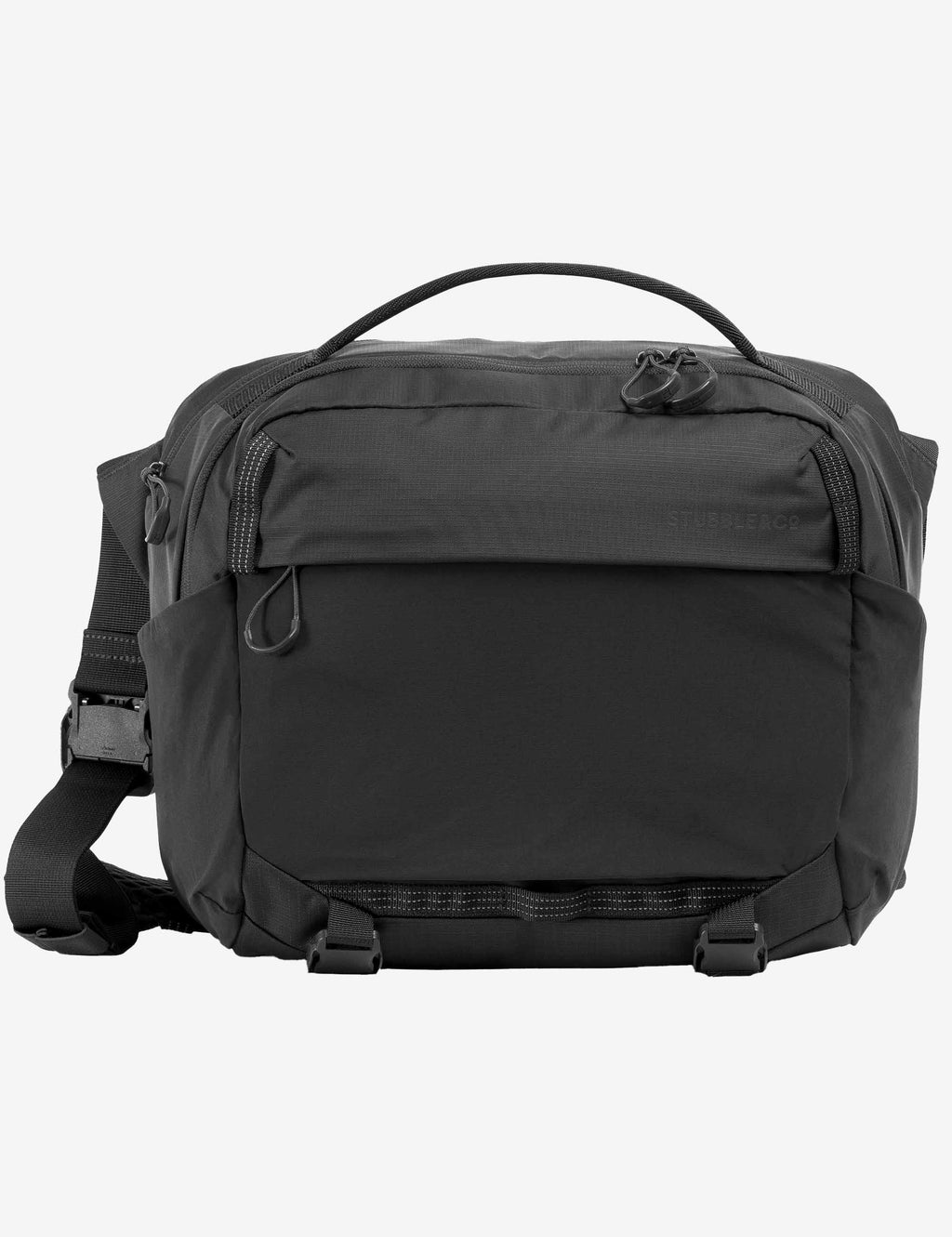 Charcoal 15L motion sling bag front view with hanging loops and zip closure