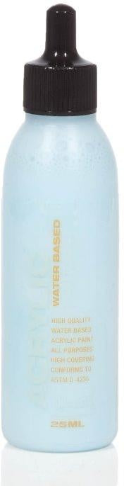 Light blue acrylic paint refill bottle with black screw cap and dropper top