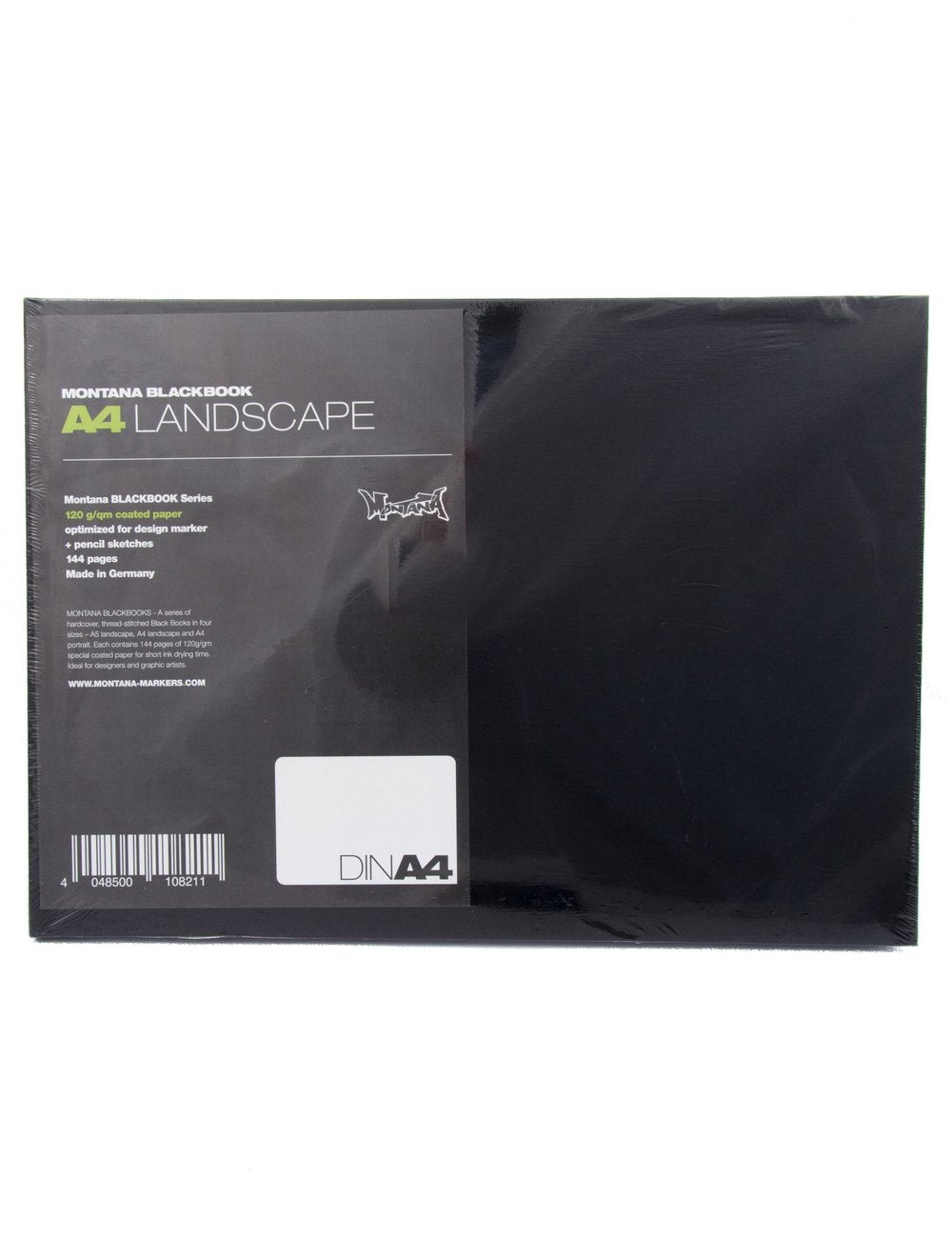 Black A4 landscape sketchpad with printed LANDSCAPE and DIN A4 mark