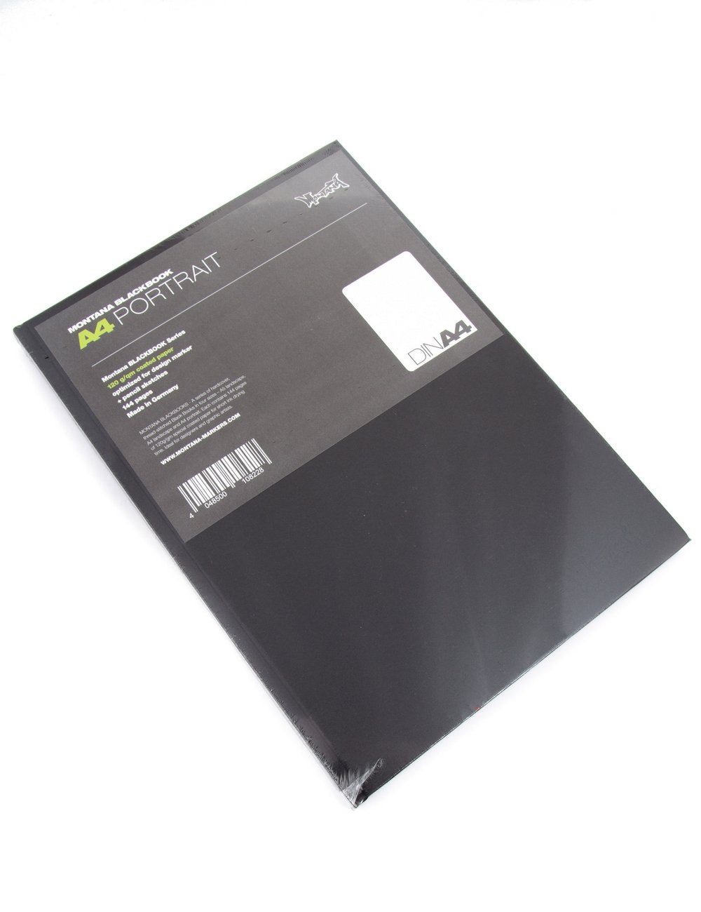A4 portrait sketchpad, black cover with printed label and barcode