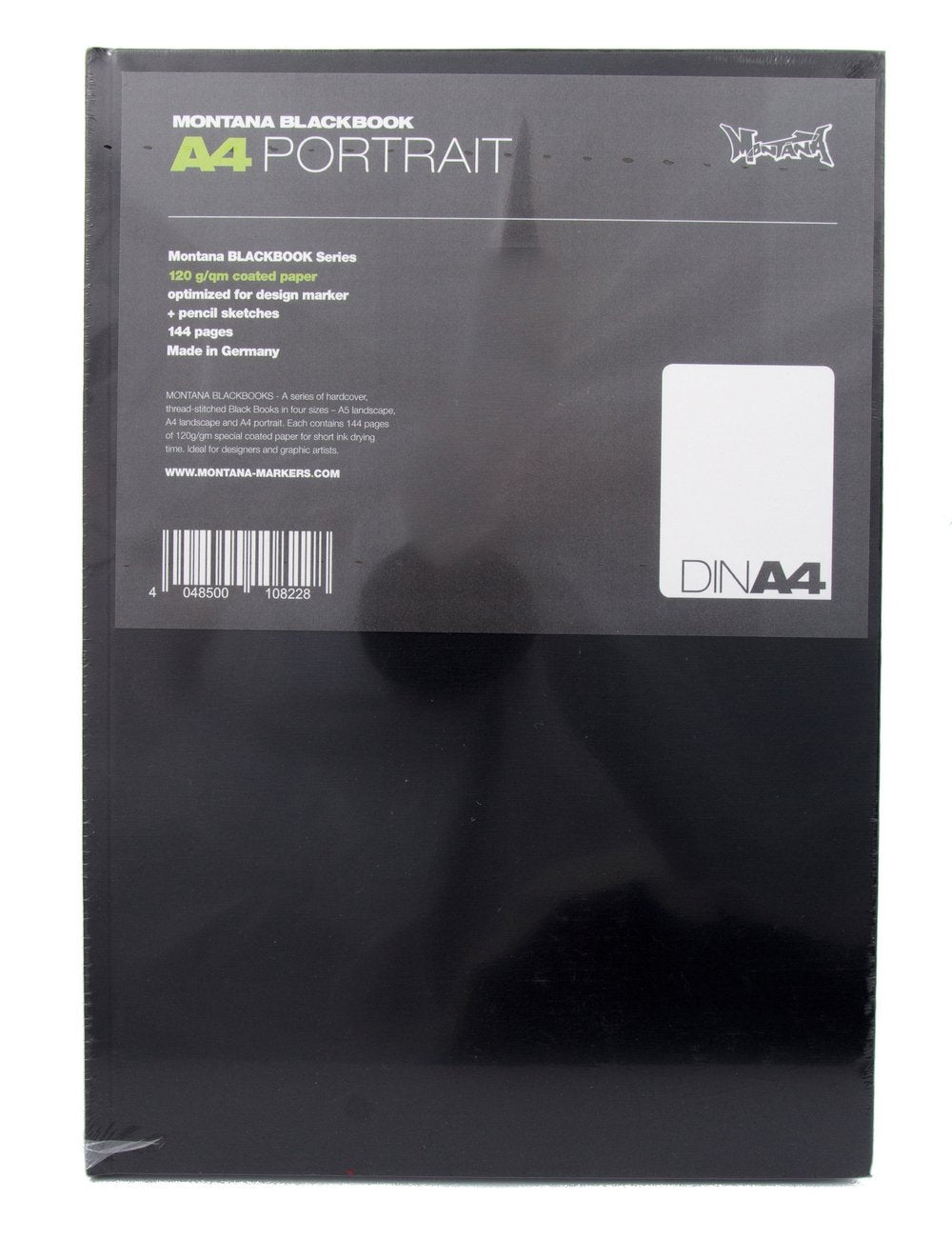 A4 portrait sketchpad, black cover with DIN A4 label and back text