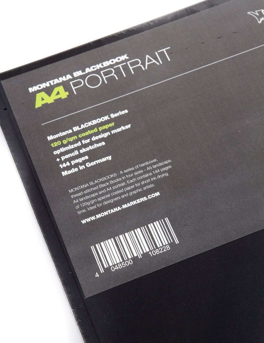 A4 portrait sketchpad, black cover close-up with product text and barcode