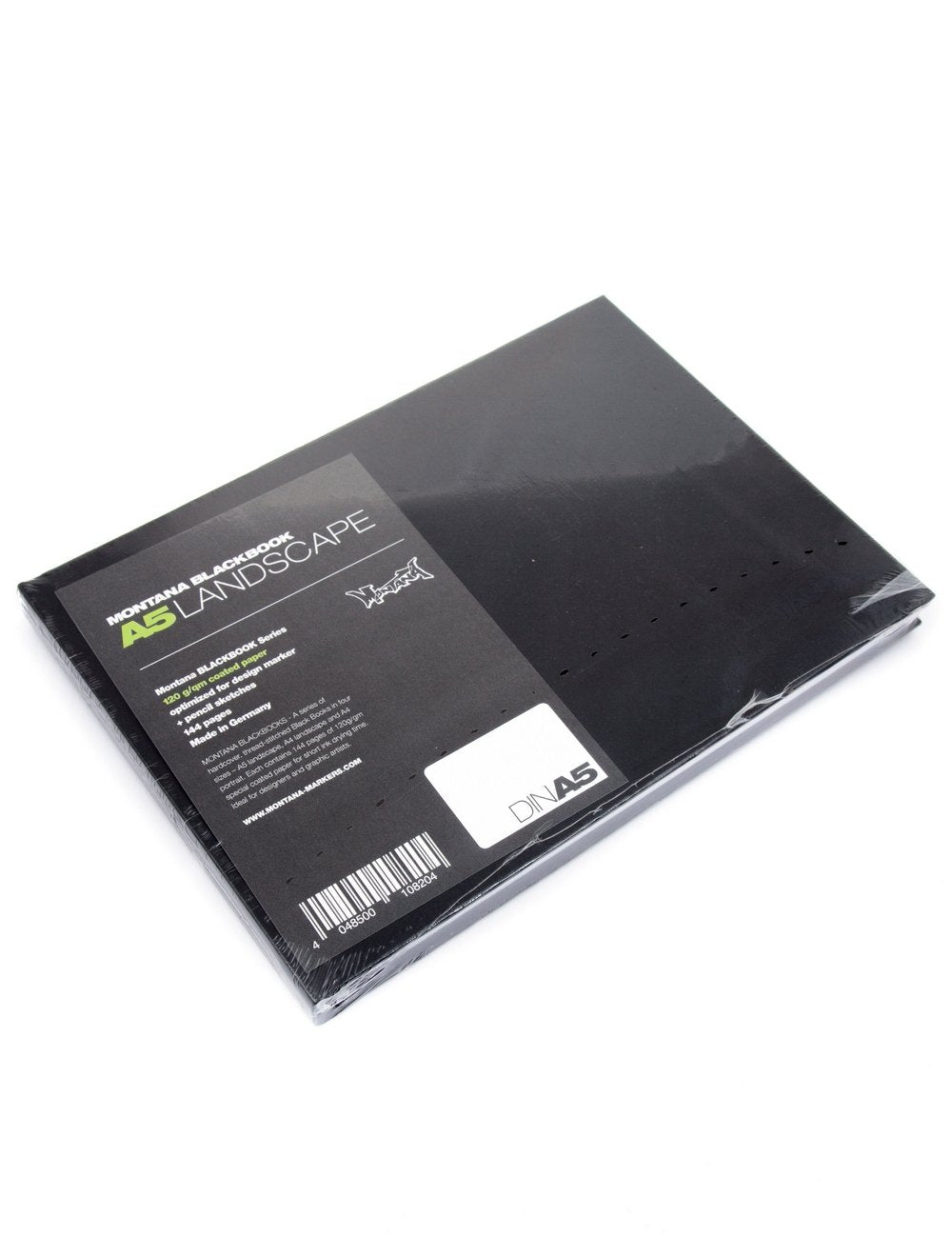 A5 landscape sketchpad with black cover and barcode, shown open
