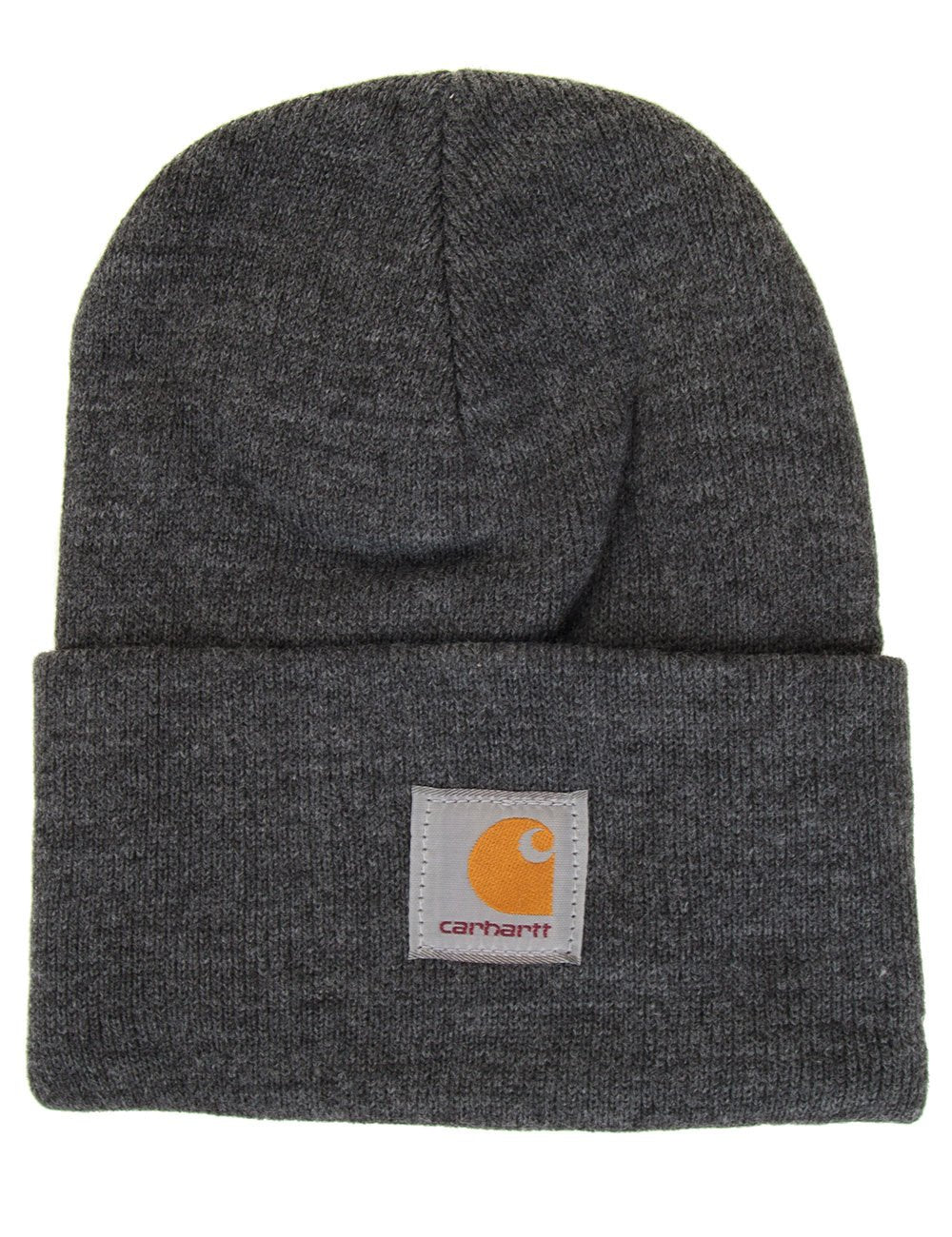 Dark grey heather knit beanie with folded cuff and orange logo patch