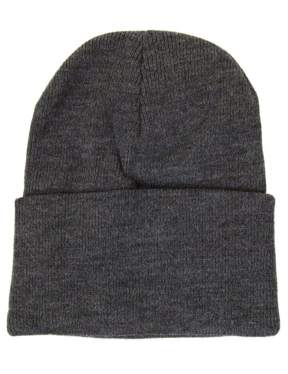 Dark grey heather knit beanie with folded cuff and stitched crown