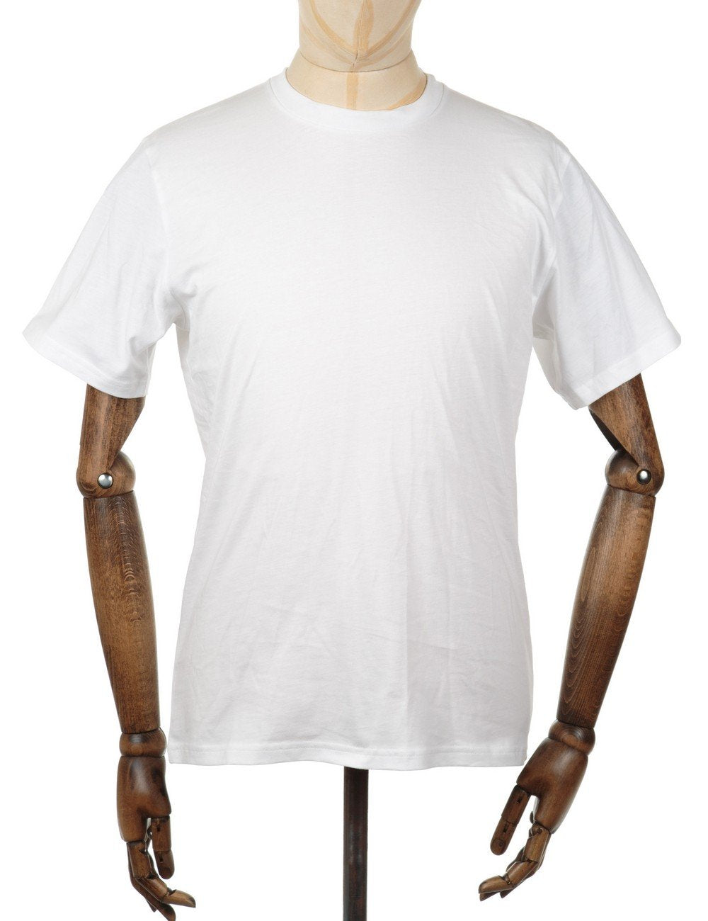 White crew-neck T-shirt on mannequin, short sleeves and plain front