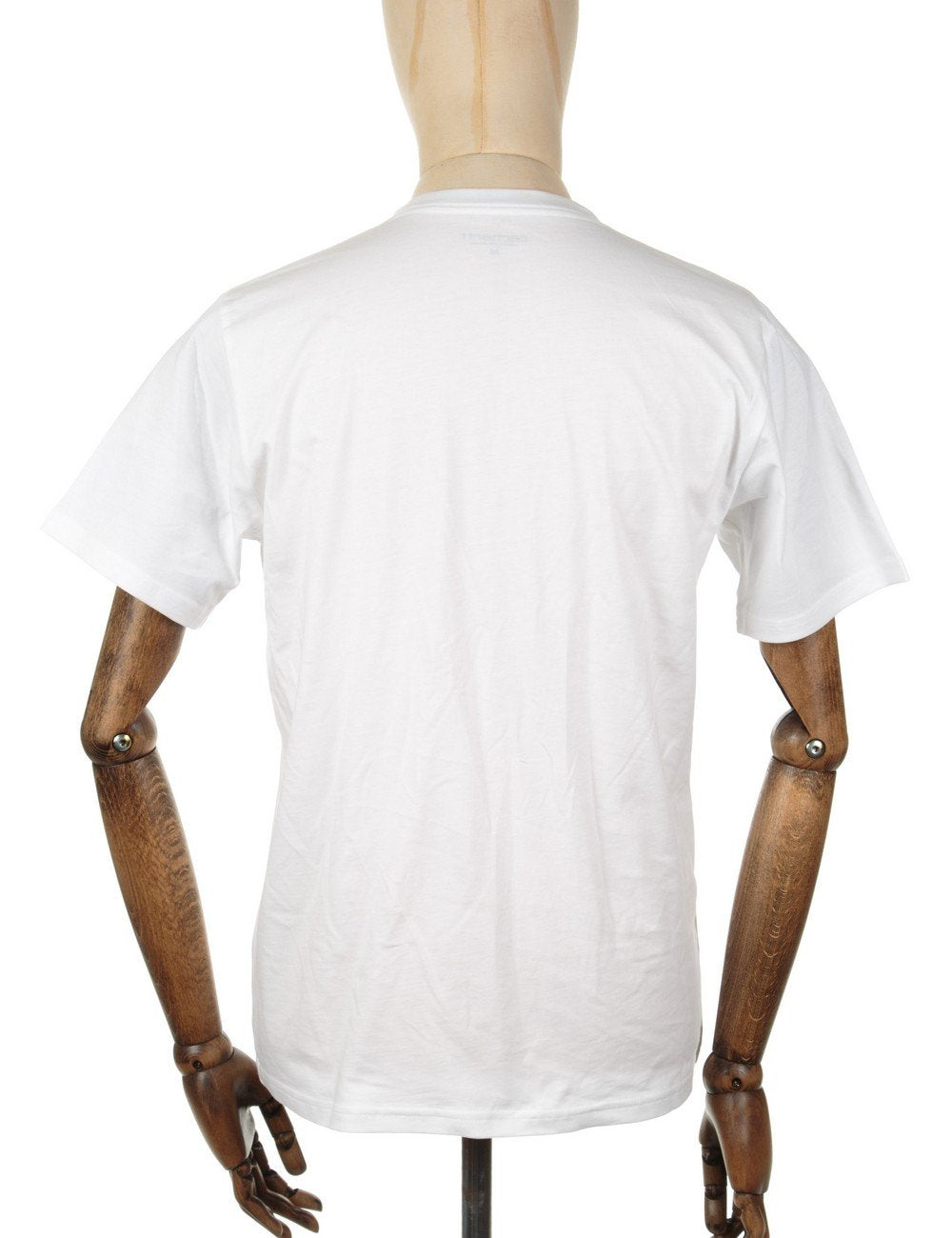 White crew-neck T-shirt on mannequin, plain back with short sleeves