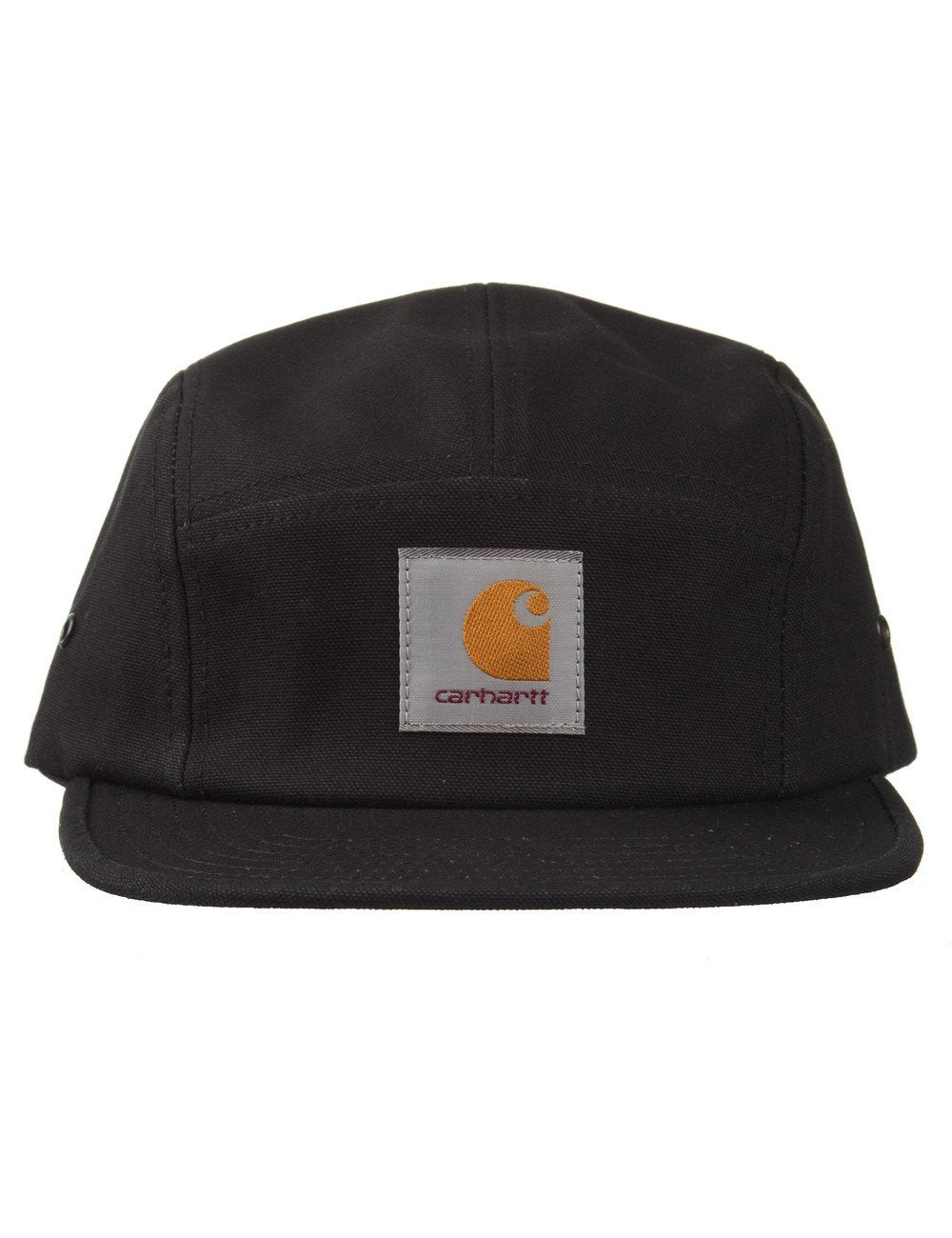 Black 5-panel cap front panel with Carhartt logo patch