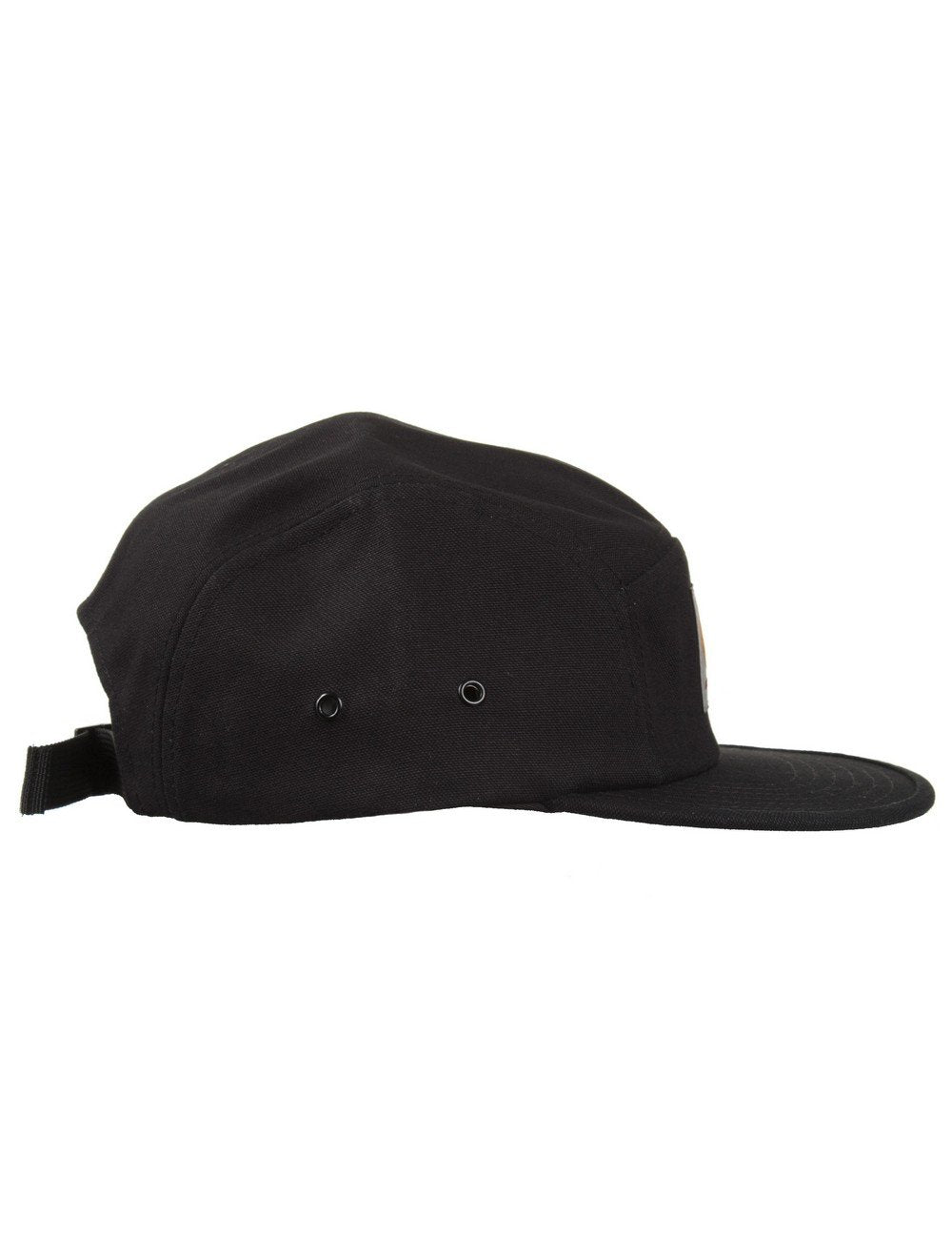 Black 5-panel cap side view with metal eyelets and adjustable back strap