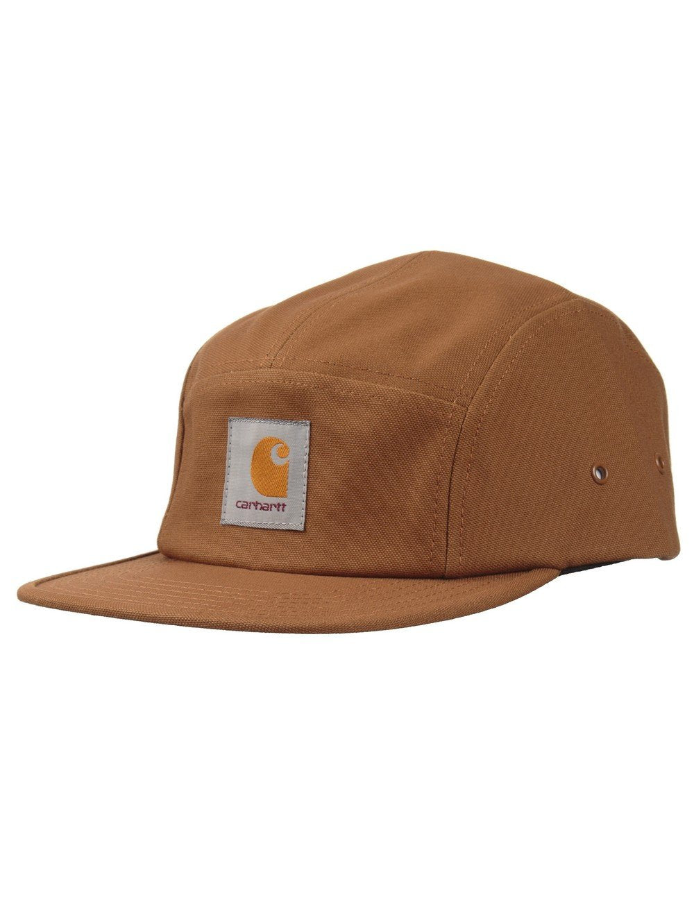 Brown 5-panel cap with front Carhartt logo patch and flat brim