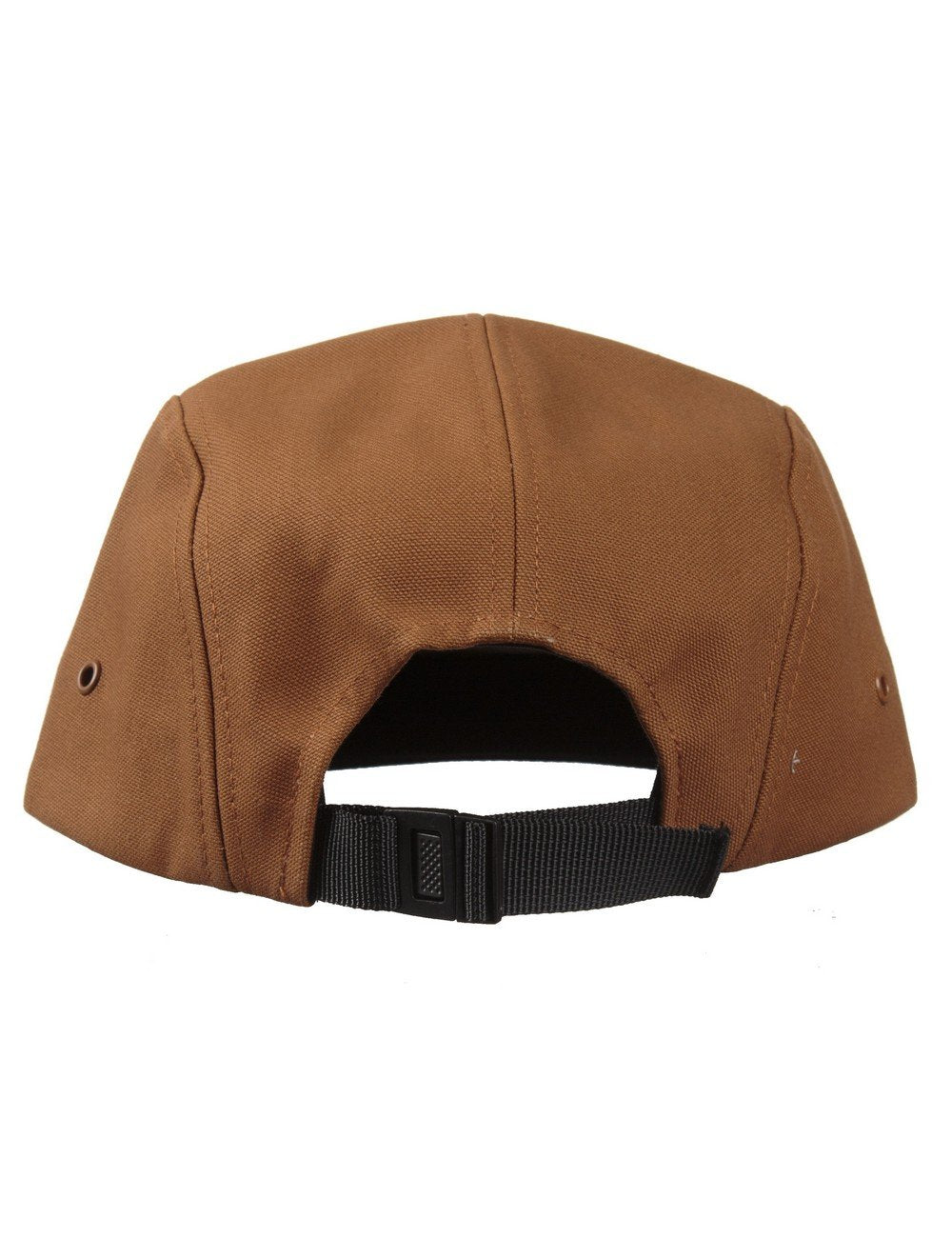 Brown 5-panel cap underside showing adjustable black strap and vented eyelets