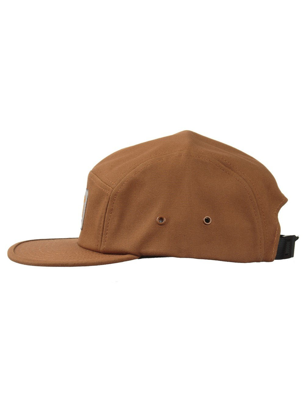 Brown 5-panel cap side profile with black adjustable strap and eyelets