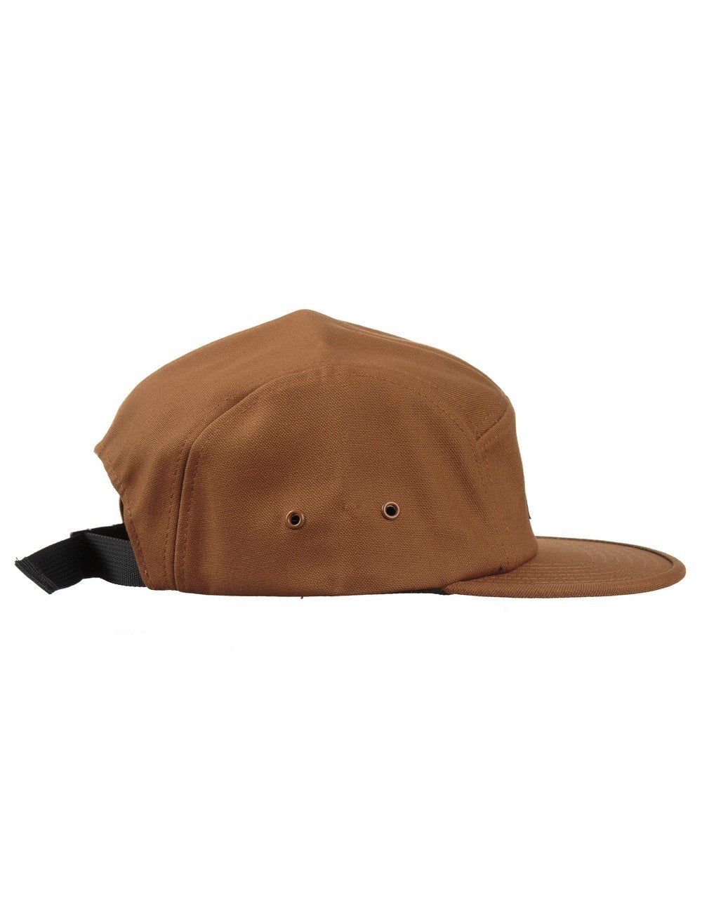 Brown 5-panel cap angled view with black side strap and eyelets