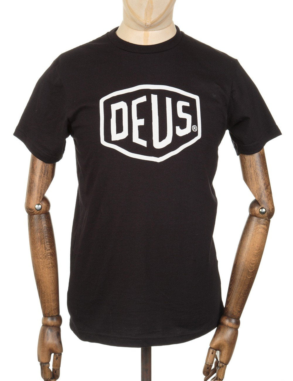 Black Deus shield logo T-shirt on mannequin, front view