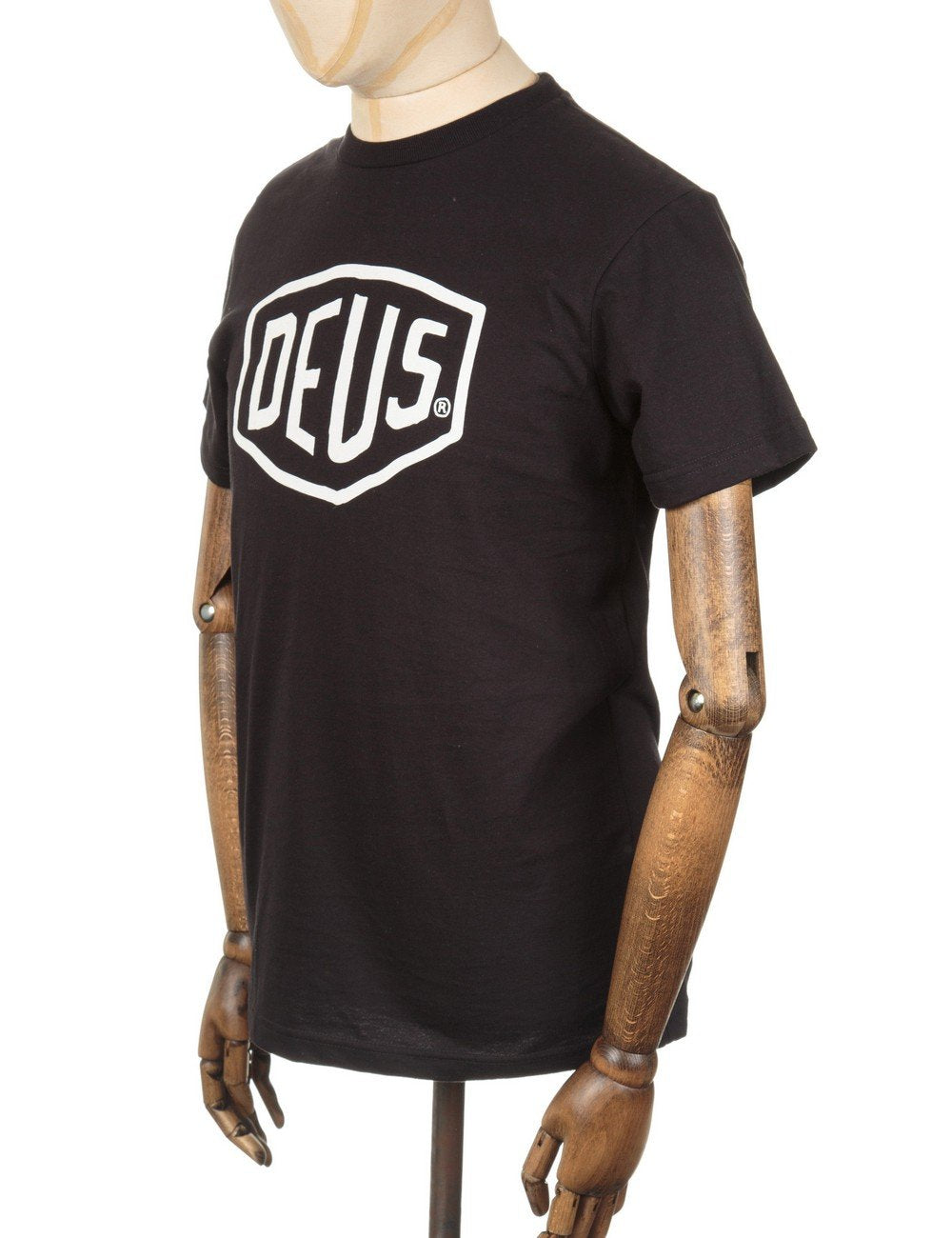 Black Deus shield logo T-shirt, side front view with logo on chest
