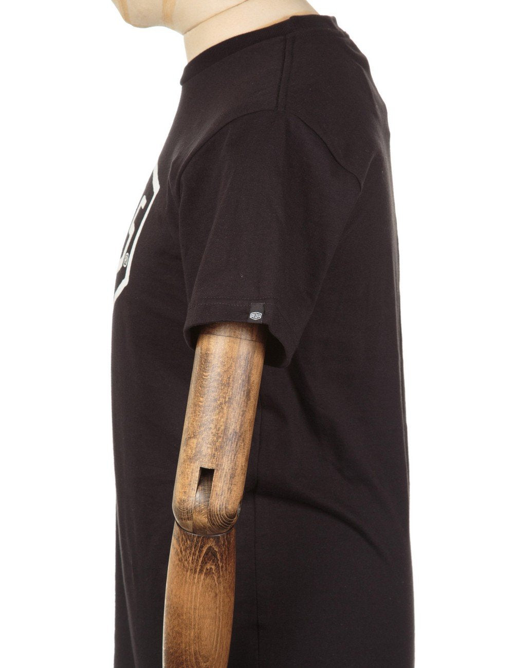 Black Deus shield logo T-shirt, left sleeve and side seam detail