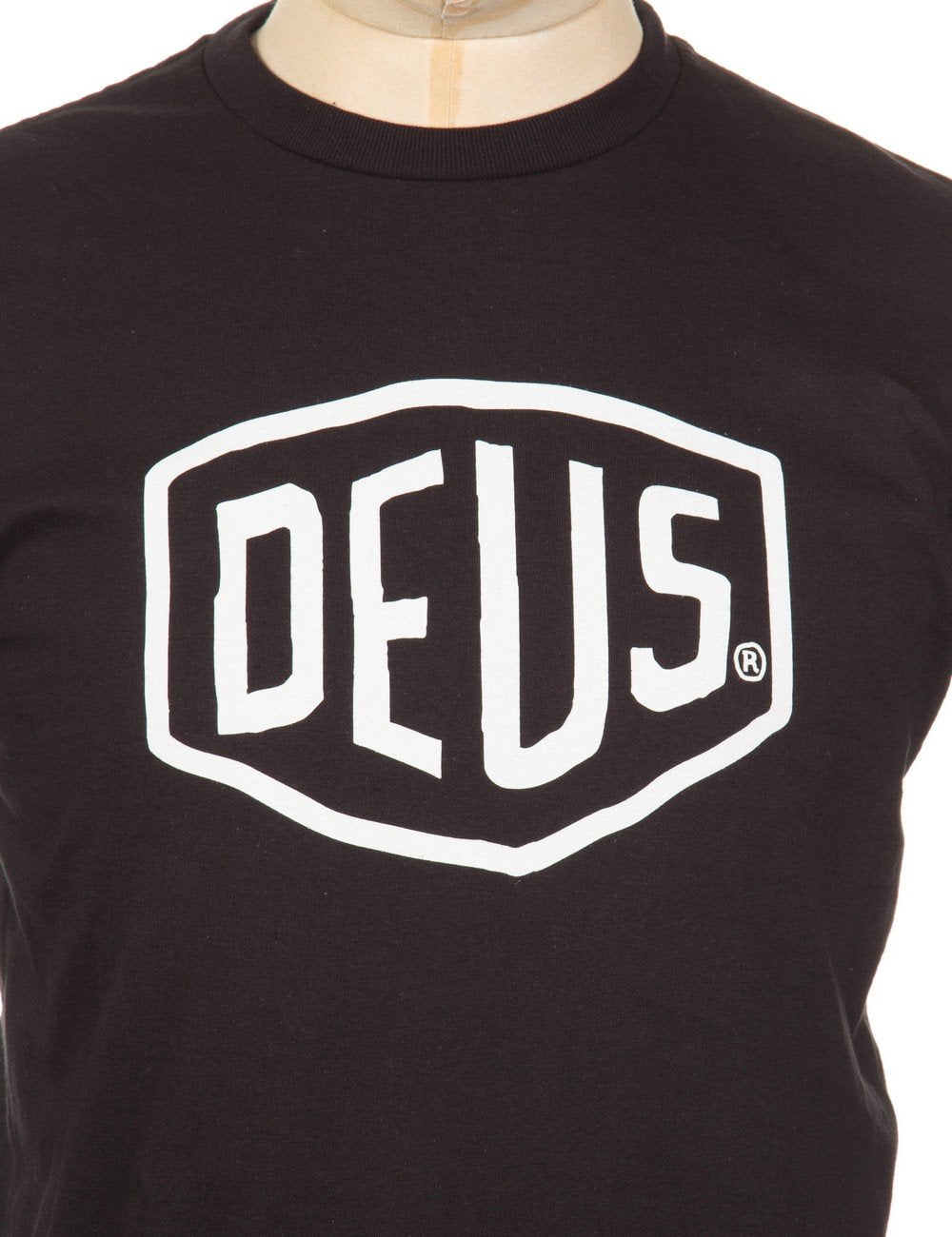 Black Deus shield logo T-shirt, large chest logo close-up