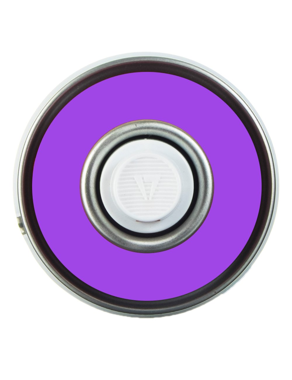 Violet chalk spray can nozzle close-up with metal rim