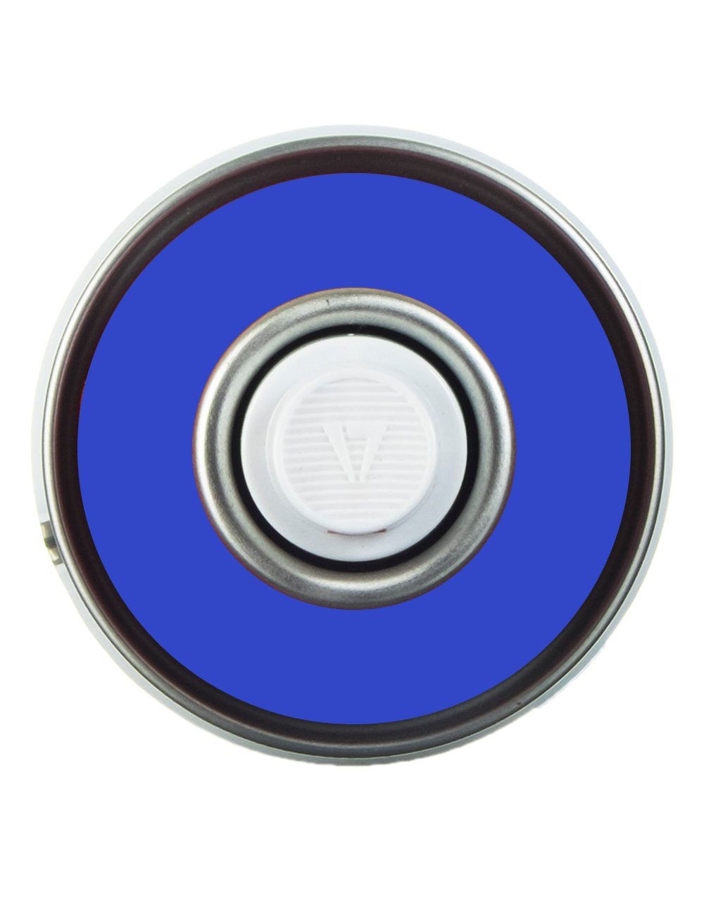Blue chalk spray can top view with blue nozzle cap and white valve center.