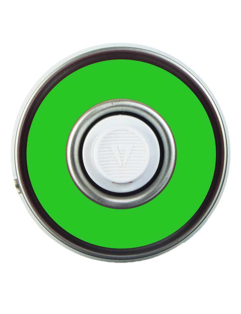 Green chalk spray can top view with nozzle and threaded ring