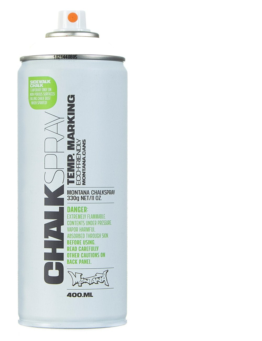 White chalk spray can, 400 ml, with orange valve and printed label
