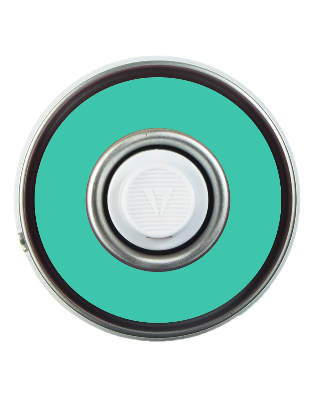 Turquoise spray can cap top with metal ring and central nozzle opening
