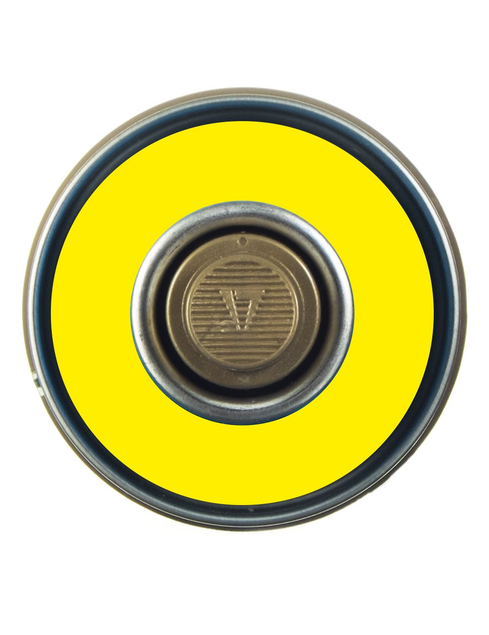 Spray paint can cap top with yellow ring and textured nozzle