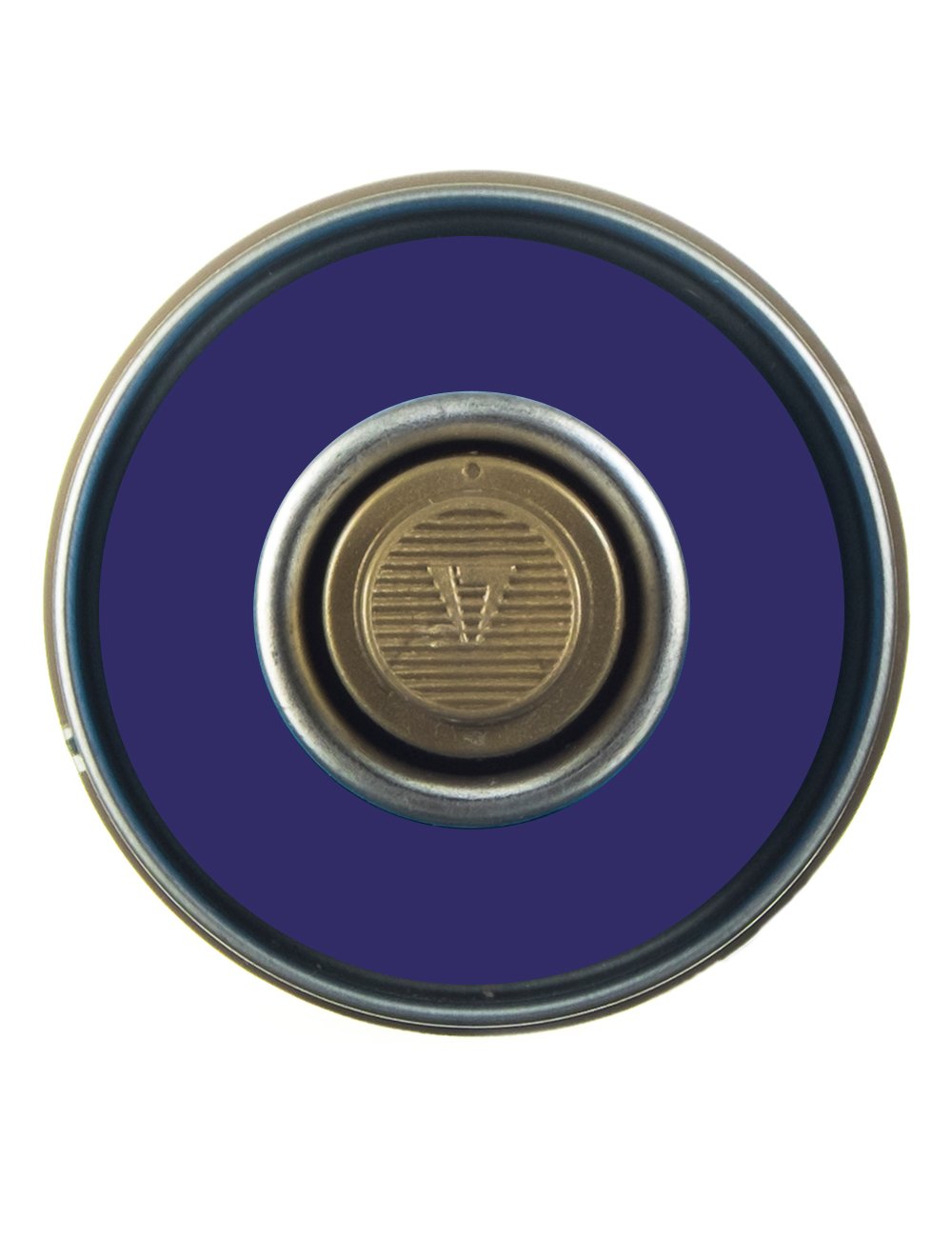Spray paint can top view with purple cap and metallic nozzle