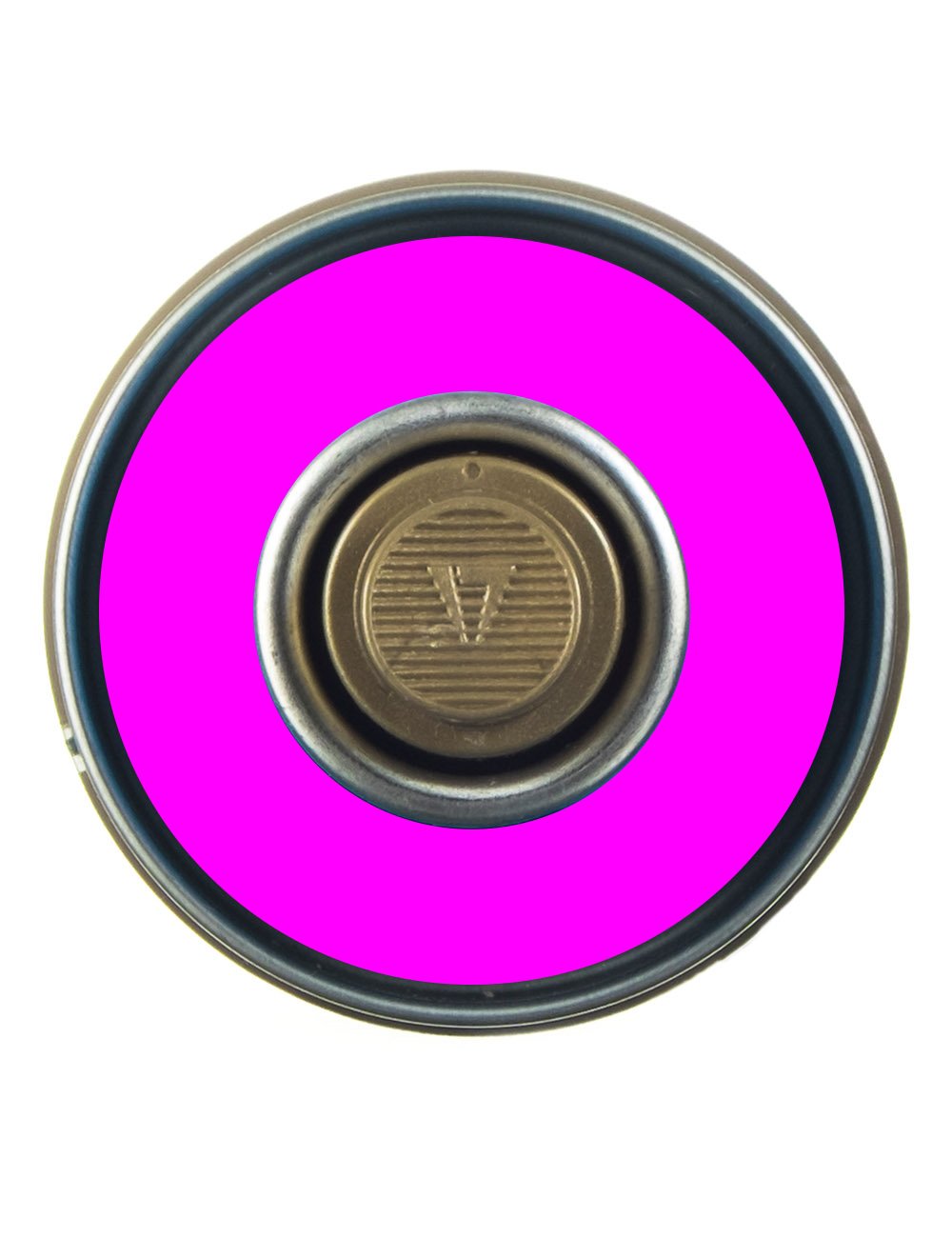 Spray paint can top with fluorescent pink cap and nozzle detail