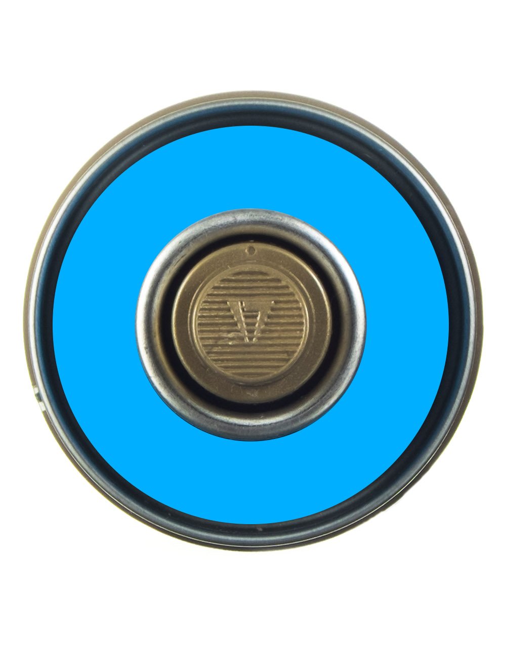 Spray paint can cap and nozzle, top view, fluorescent flame blue can body