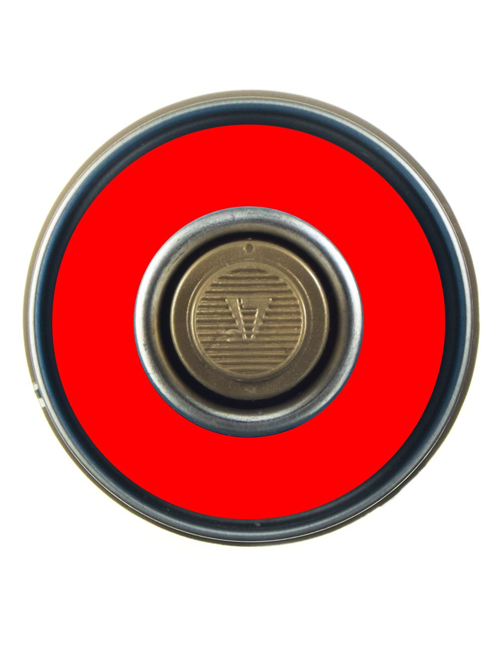 Spray paint can top view with fluorescent red center and metallic nozzle cap