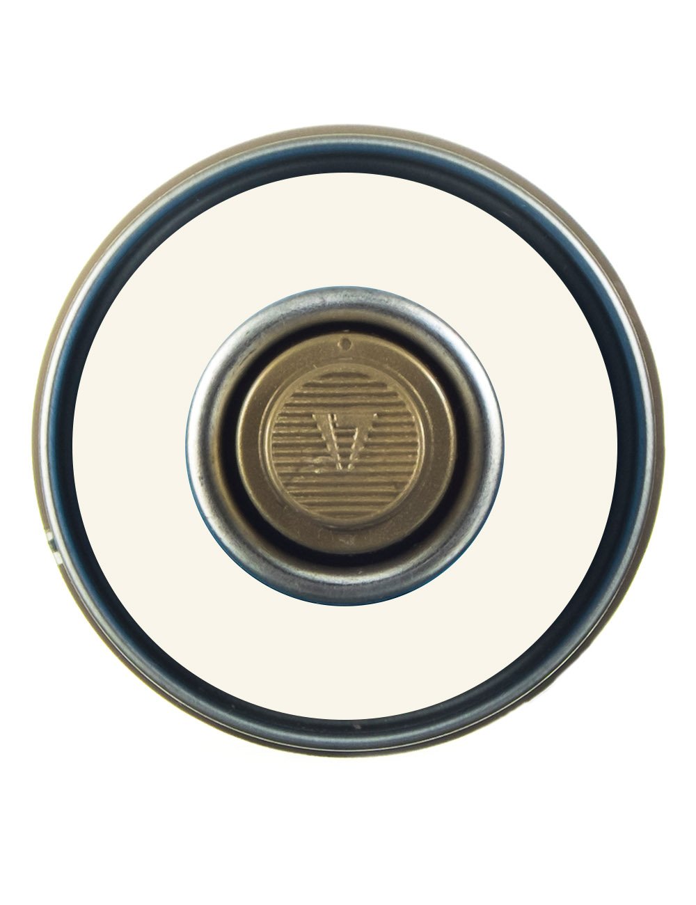 Spray paint can top view with blue ring and gold valve cap