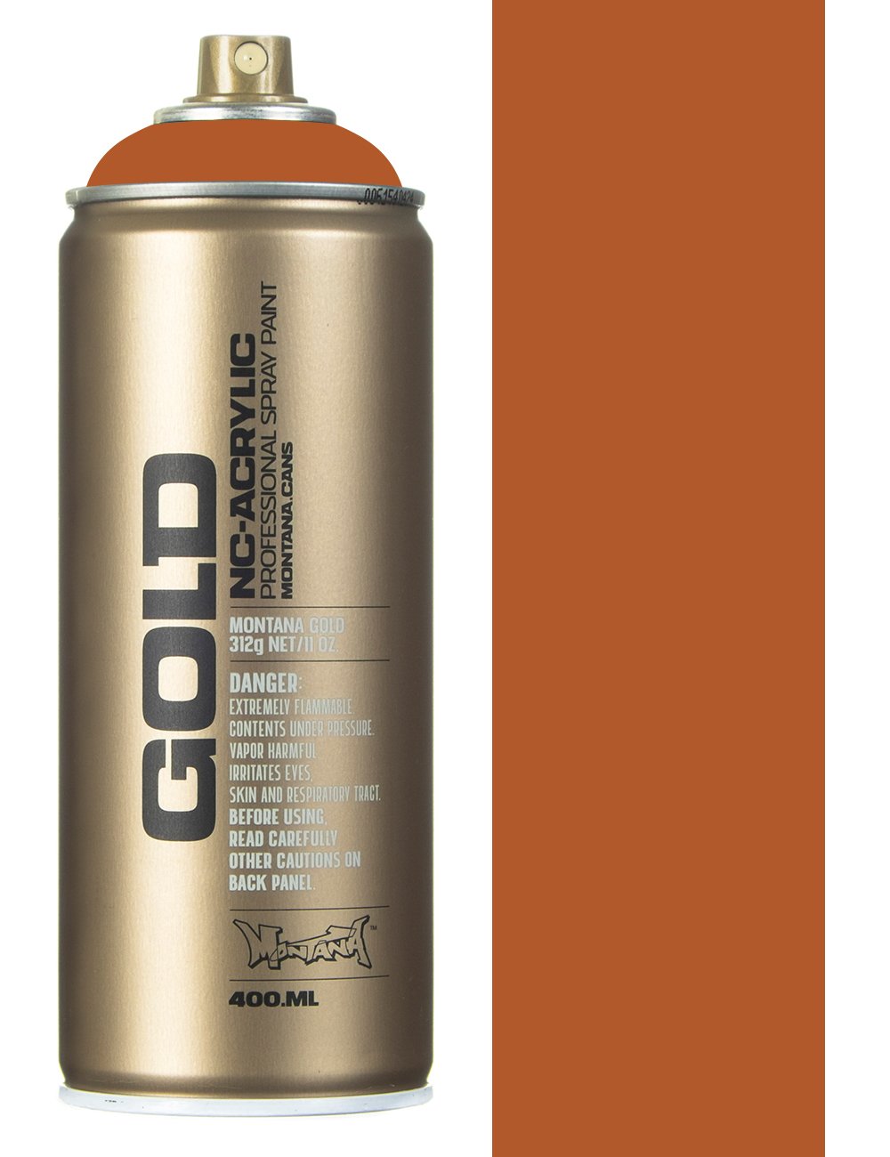 Aerosol spray paint can, light brown cap and front label, 400 ml, metallic body