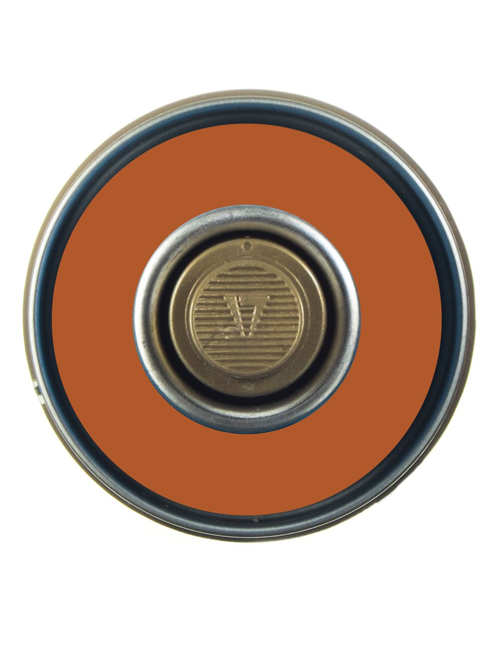 Aerosol spray paint can top view with circular nozzle and light brown paint