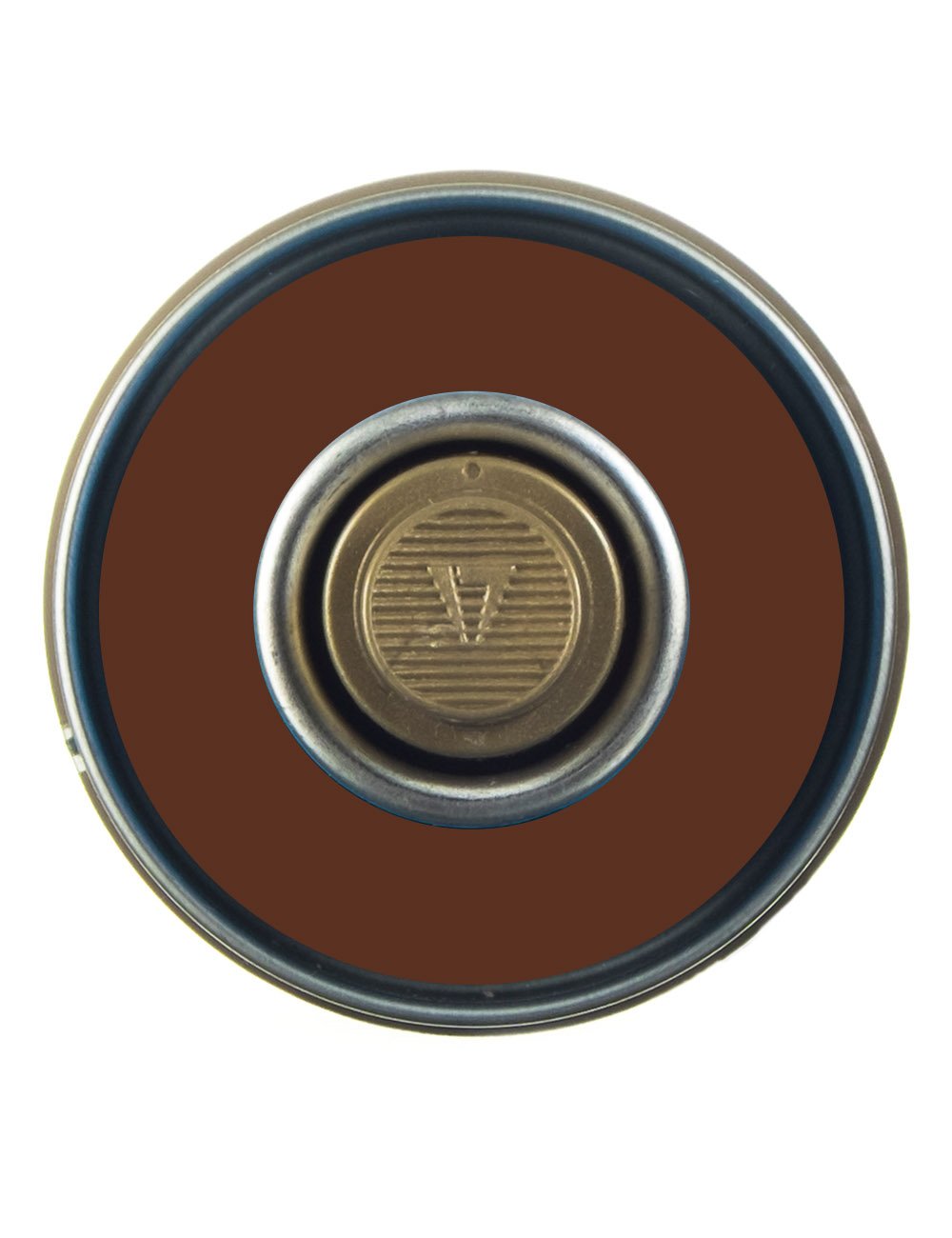Top of 400 ml spray paint can, round brown nozzle opening with gold valve