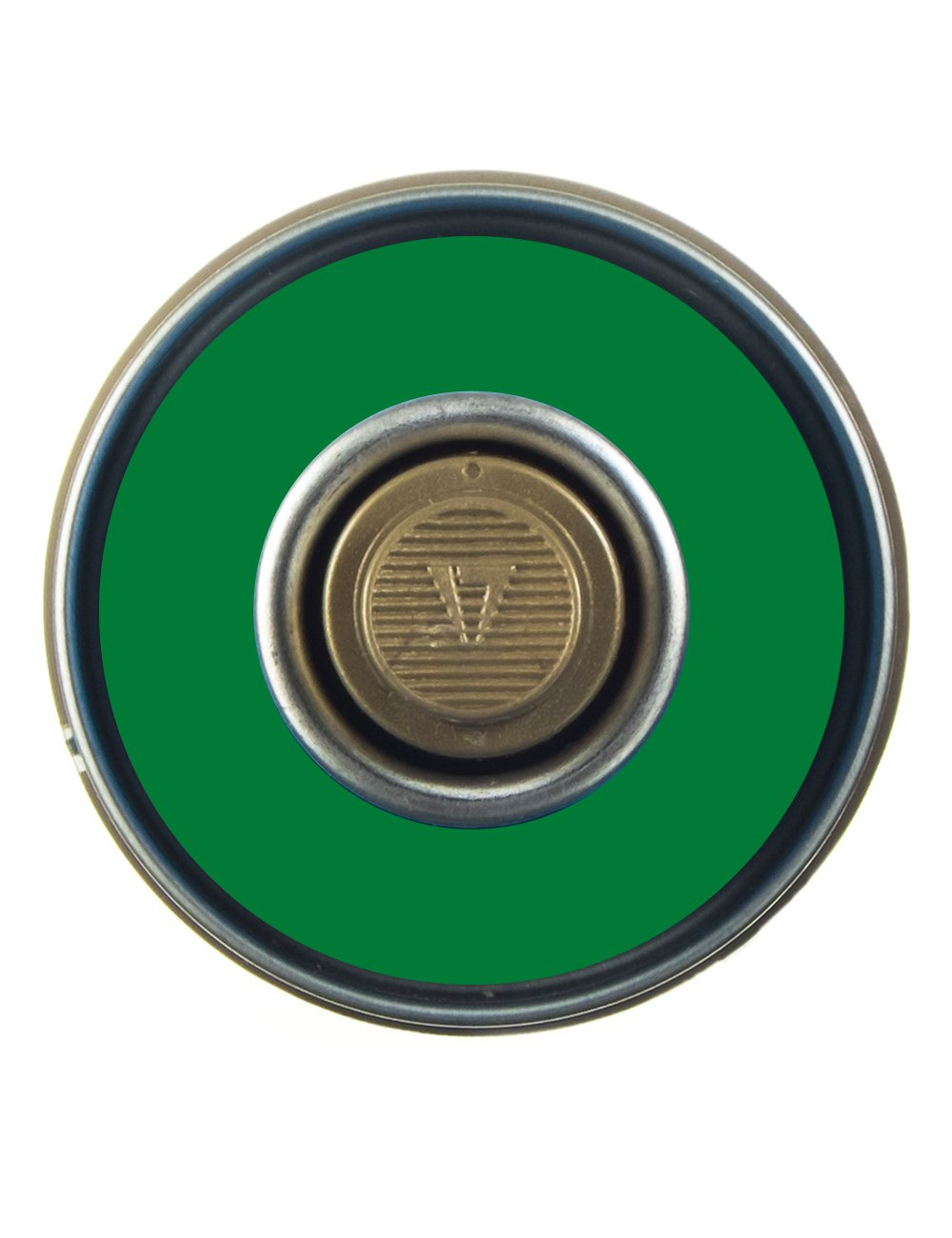 Spray paint can lid top view with green cap and round valve