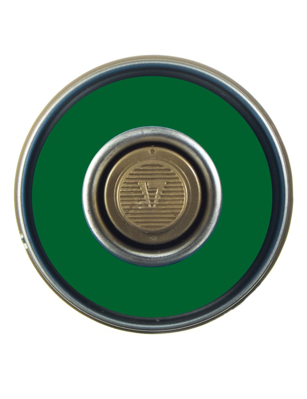 Spray paint can top view with green ring and gold nozzle cap