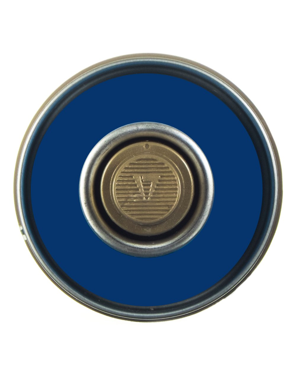 Spray paint can cap top view with metallic nozzle center and blue surround