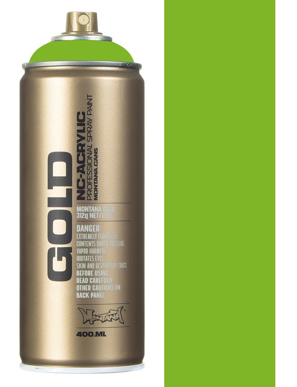 Shock green spray paint can, 400 ml, metallic gold body with green cap