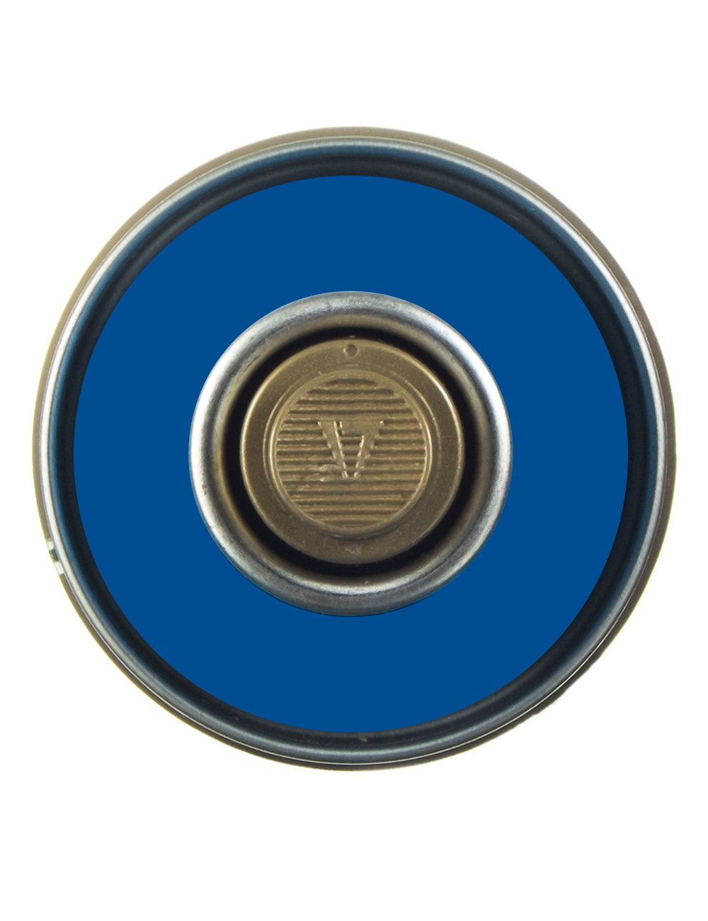 Spray paint nozzle top with blue paint disk and metallic spray head