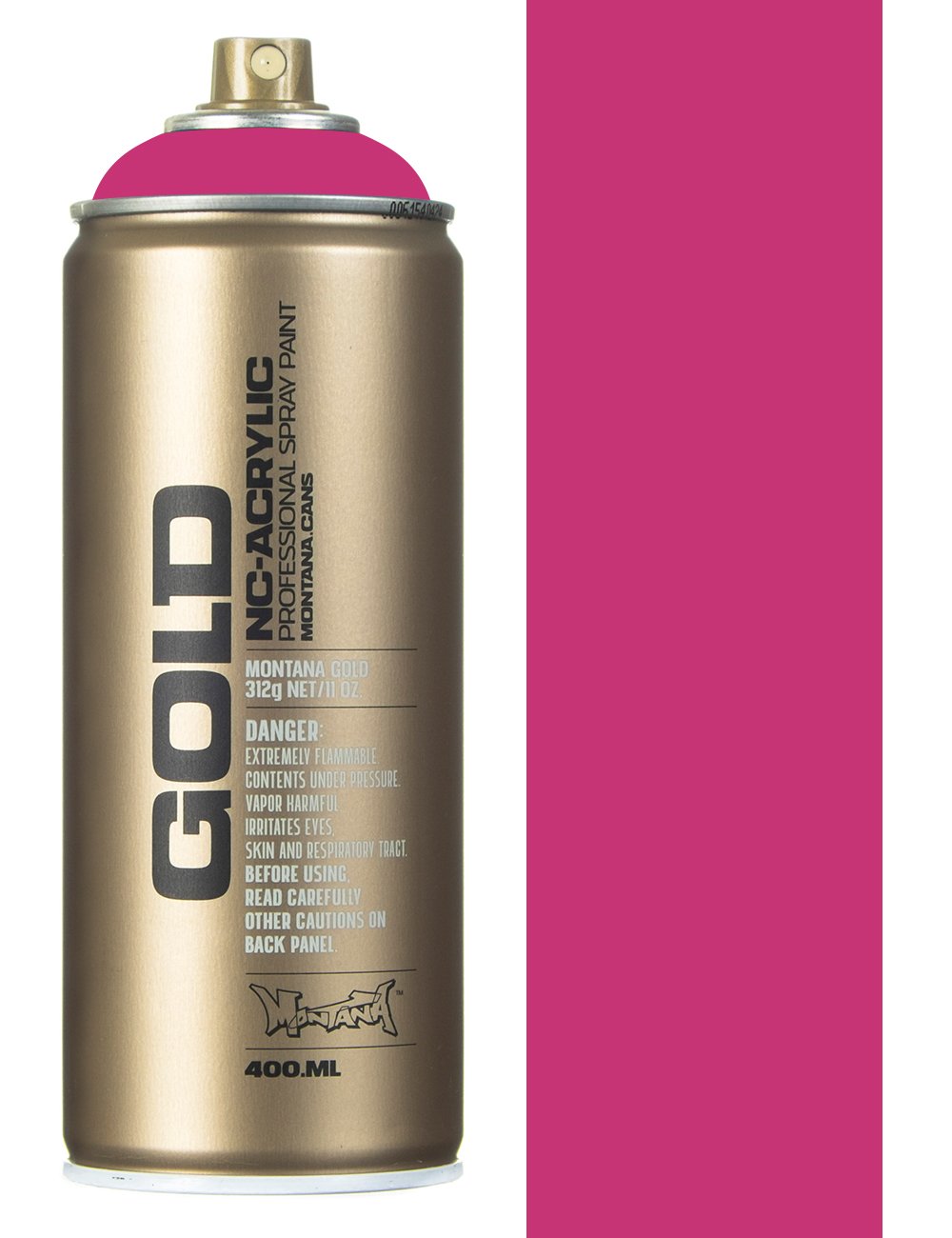 Spray paint can, gold finish with shock pink nozzle ring and 400 ml label