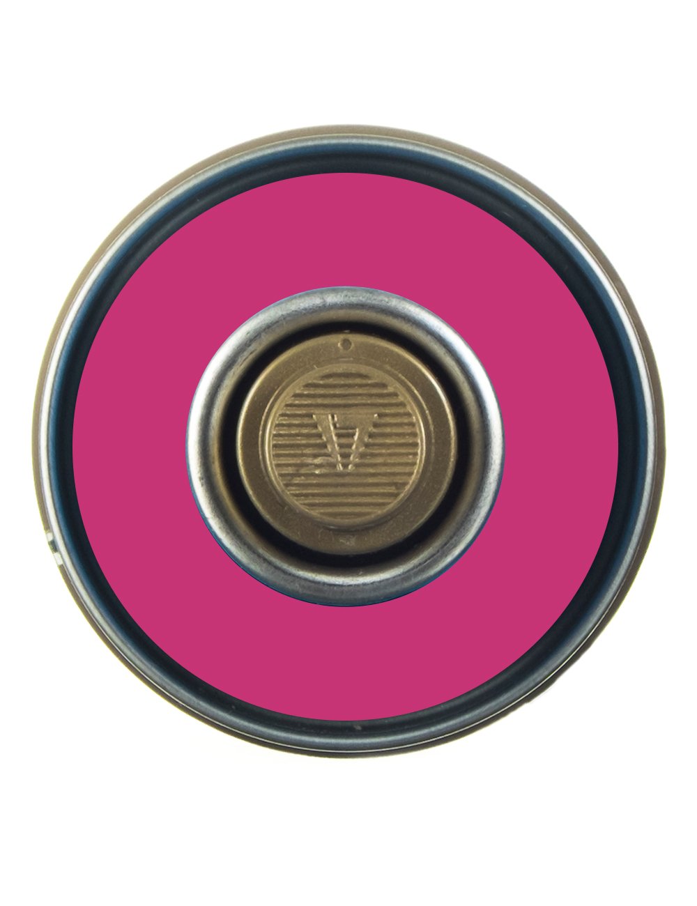 Spray paint can top view with gold nozzle and shock pink spray opening
