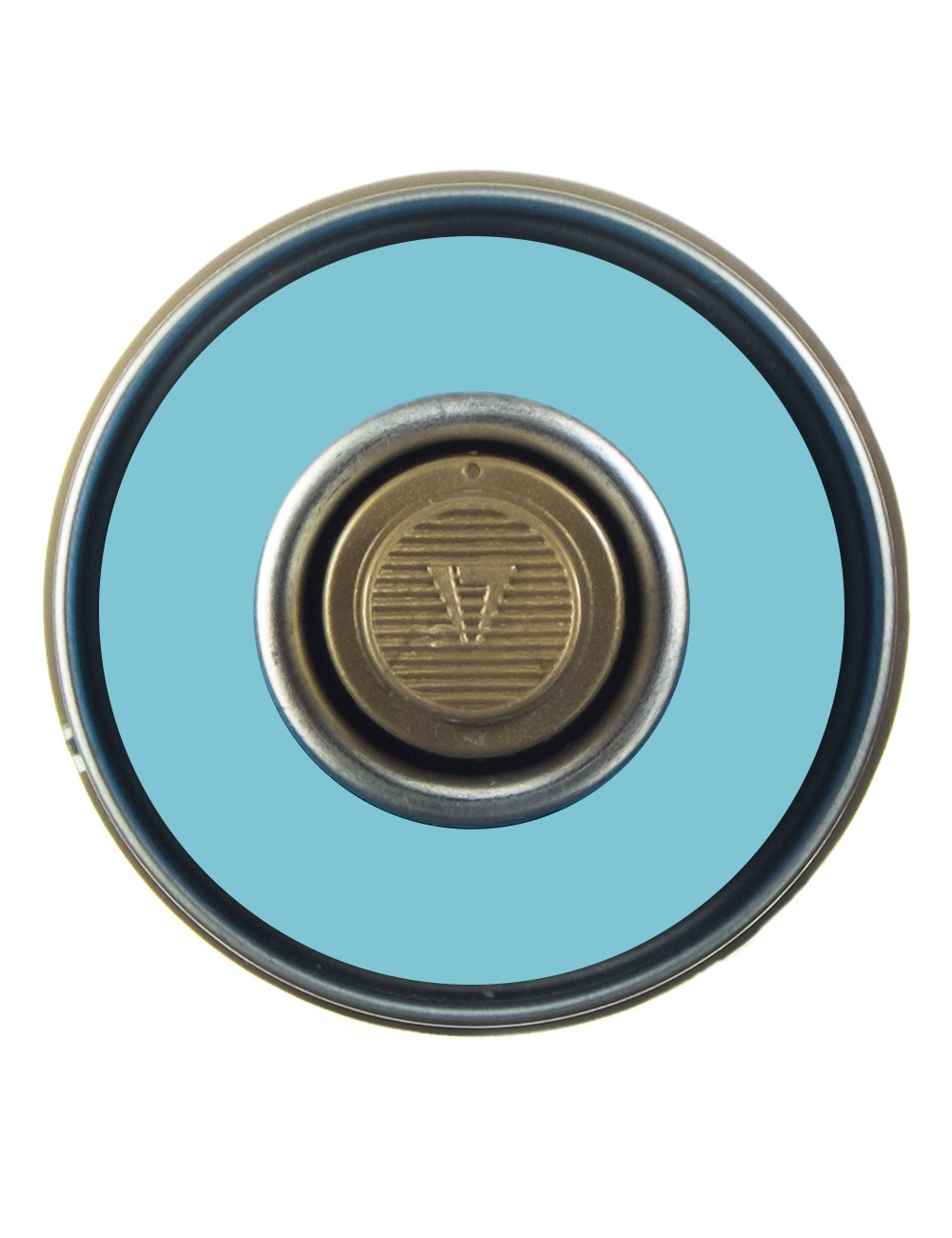 Spray paint can top view with gold valve and blue spray opening