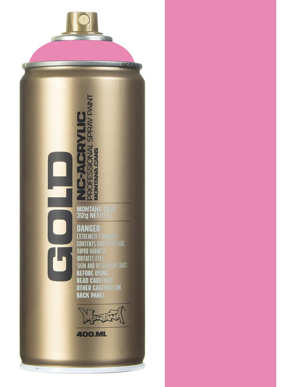 Spray paint can, metallic gold body with pink nozzle and cap; 400 ml