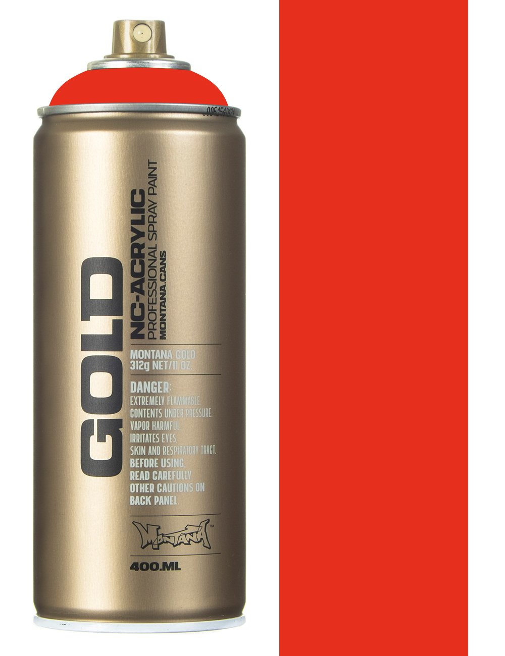 Spray paint can, metallic gold body with red cap and valve