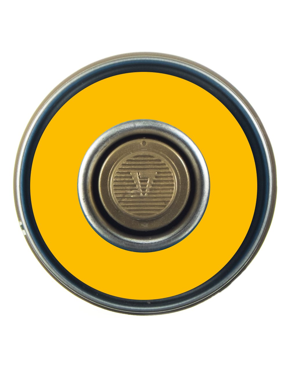 Spray paint can top view: round cap with embossed icon and yellow spray seal