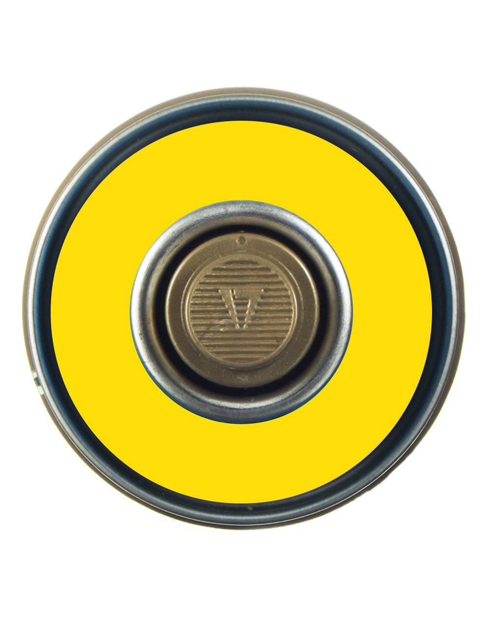 Spray paint can top view with yellow ring and metal spray nozzle